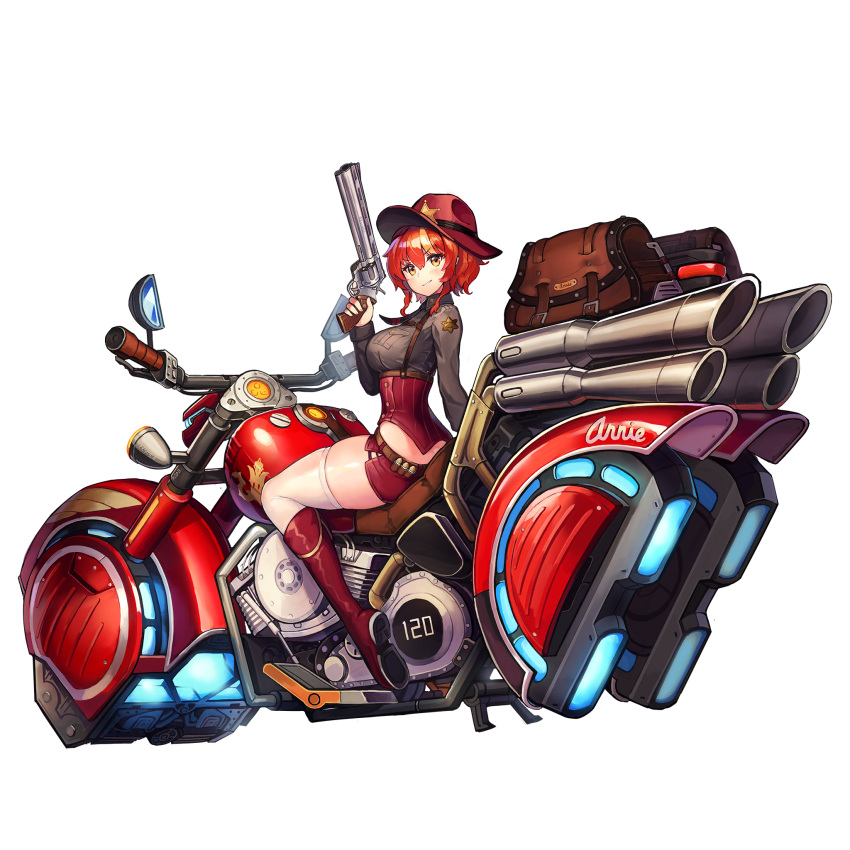 1girl, badge, boots, full_body, grin, ground_vehicle, gun, hair_between_eyes, handgun, highres, hover_bike, iron_annie, last_origin, looking_at_viewer, looking_back, motor_vehicle, motorcycle, necktie, official_art, paintale, redhead, revolver, sidelocks, smile, solo, tachi-e, thigh-highs, transparent_background, weapon, white_legwear, yellow_eyes
