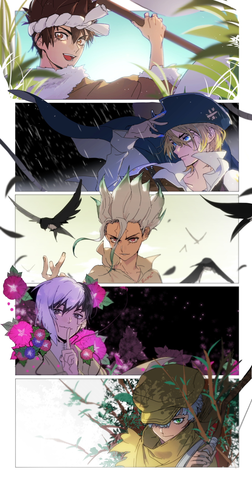 5boys, :d, absurdres, arrow, asagiri_gen, bird, black_hair, blonde_hair