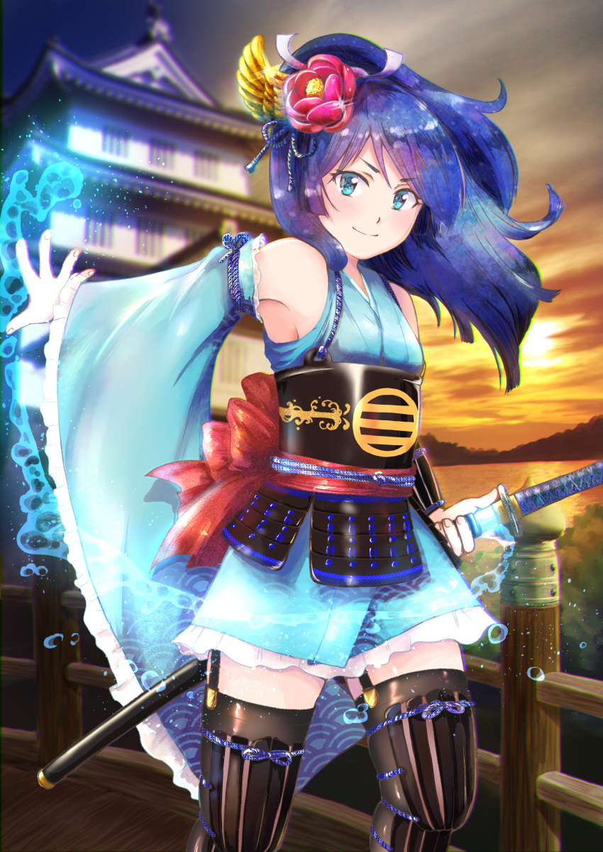 1girl, absurdres, architecture, armor, black_legwear, blue_eyes, blue_hair, blurry, blurry_background, bridge, east_asian_architecture, flat_chest, flower, garter_straps, glint, hair_flower, hair_ornament, highres, huge_filesize, japanese_armor, katana, long_hair, outdoors, schwinn57, sengoku_fubu, sheath, smile, solo, standing, sunset, sword, water, weapon, wide_sleeves