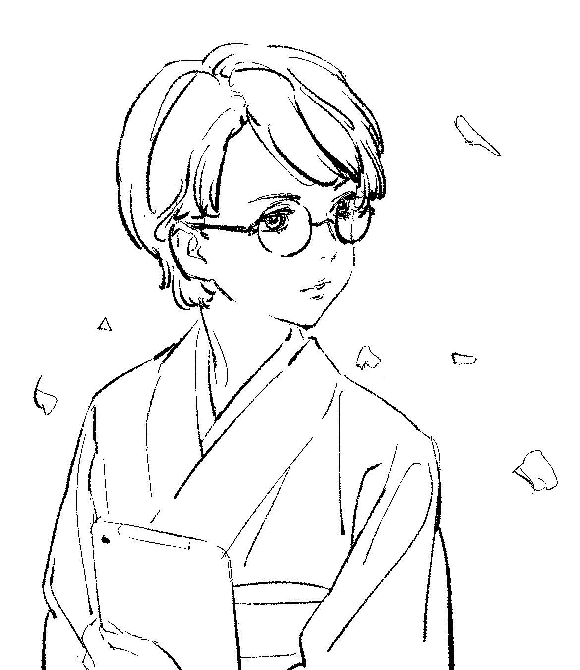 1girl, glasses, greyscale, highres, holding, japanese_clothes, kimono, monochrome