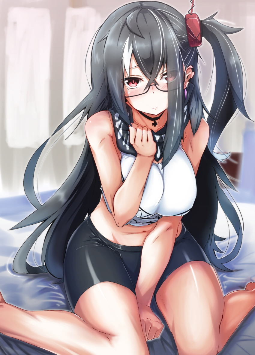1girl, absurdres, azur_lane, bike_shorts, black-framed_eyewear, black_hair, blush, breasts