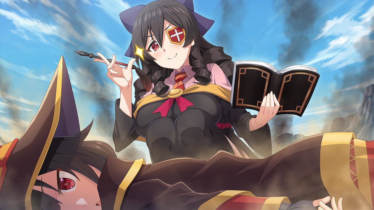2girls, arue_(konosuba), black_hair, black_legwear, eyepatch, hair_ornament, hat, kono_subarashii_sekai_ni_shukufuku_wo!, long_hair, looking_at_viewer, megumin, multiple_girls, necktie, official_art, red_eyes, shirt, short_hair, skirt, striped, striped_neckwear, thigh-highs, witch_hat