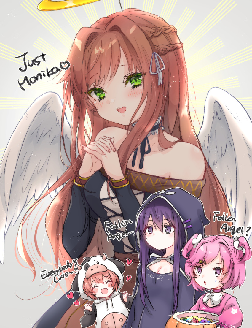 4girls, :d, :o, ^_^, absurdres, alternate_costume, angel_wings, animal_costume, bangs, bare_shoulders, blush, braid, brown_hair, cape, choker, closed_eyes, commentary_request, cow_costume, crown_braid, doki_doki_literature_club, english_text, eyebrows_visible_through_hair, frilled_choker, frills, green_eyes, hair_between_eyes, hair_down, hair_ornament, hairclip, halloween_basket, halloween_costume, halo, hands_together, heart, highres, hood, hood_up, hooded_cape, interlocked_fingers, long_hair, looking_at_viewer, monika_(doki_doki_literature_club), multiple_girls, natsuki_(doki_doki_literature_club), open_mouth, pink_hair, purple_hair, sayori_(doki_doki_literature_club), short_hair, sidelocks, smile, sunburst, sunburst_background, swept_bangs, touko_56, two_side_up, violet_eyes, wings, yuri_(doki_doki_literature_club)