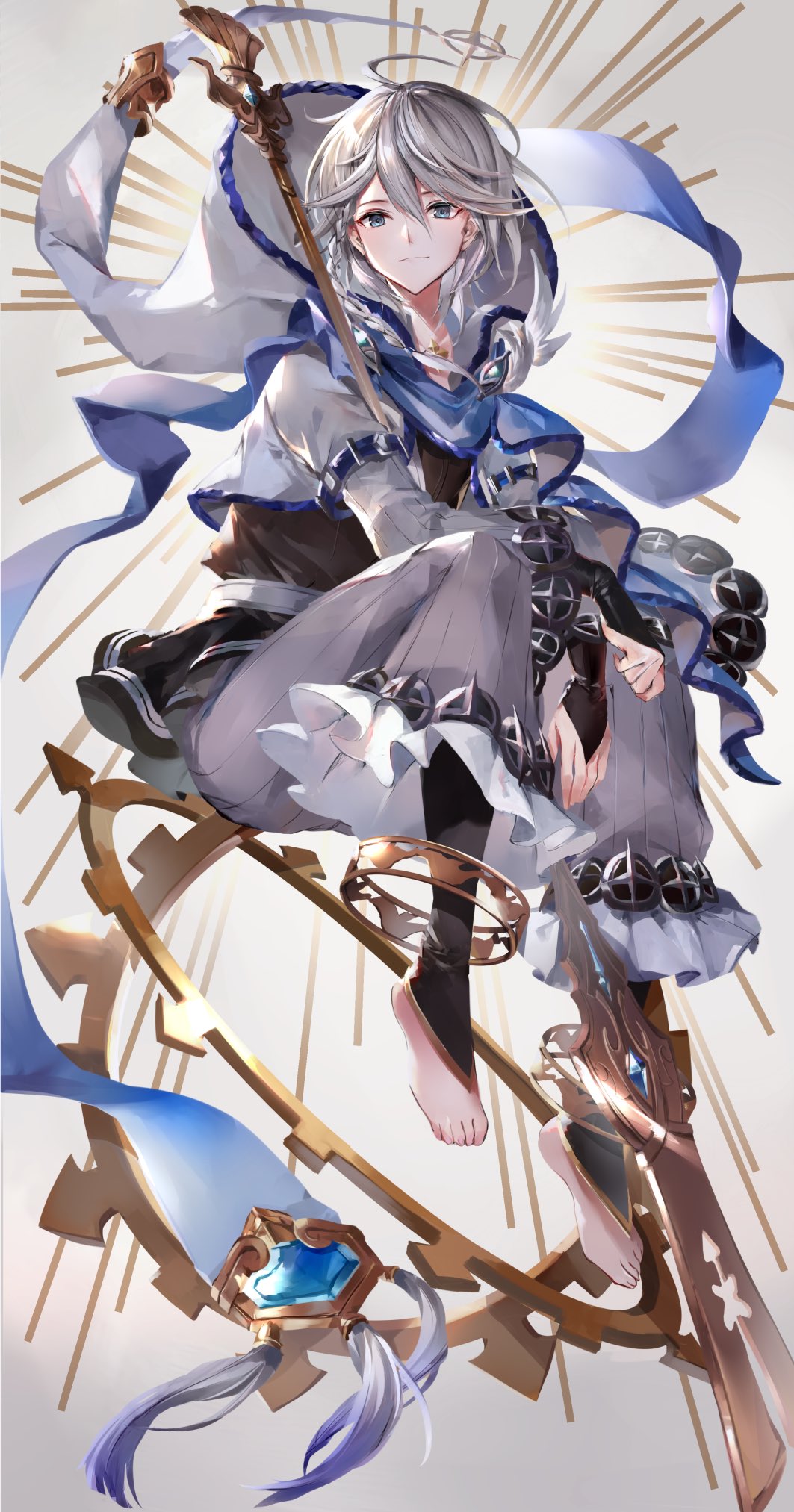 1boy, bangs, barefoot, blue_eyes, braid, gears, granblue_fantasy, hair_between_eyes, highres, hinahino, hood, long_hair, looking_at_viewer, male_focus, noa_(granblue_fantasy), oar, pale_skin, silver_hair, single_braid, smile, solo, staff
