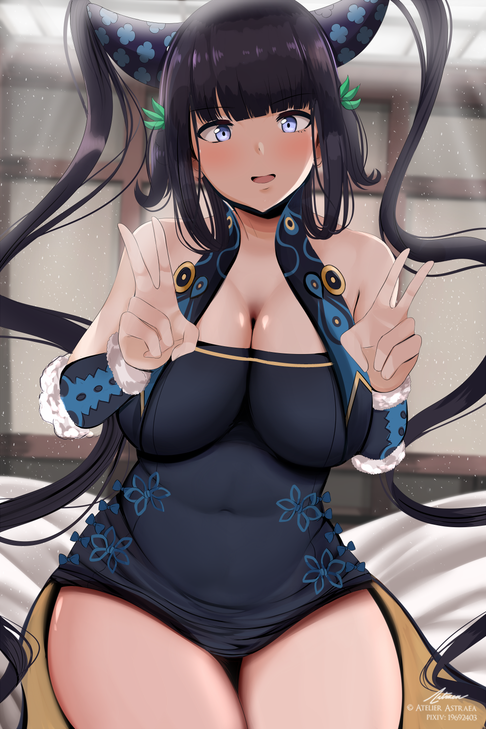 1girl, astraea_(atelierastraea), bangs, bare_shoulders, bare_thighs, black_dress, blue_eyes, blunt_bangs