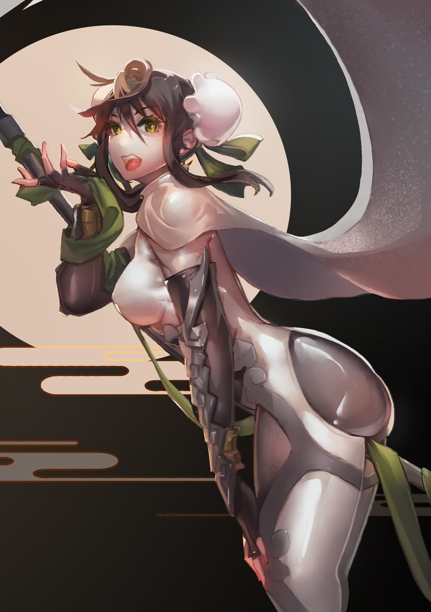1girl, ass, between_breasts, between_legs, black_gloves, black_hair, bodysuit, breasts