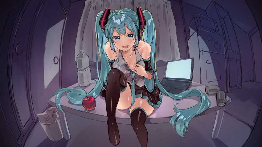 1girl, apple, aqua_eyes, aqua_hair, black_legwear, black_skirt, black_sleeves, bottle