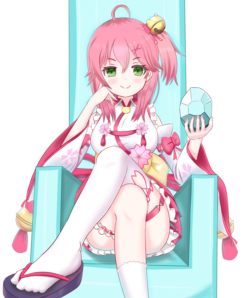 1girl, ahoge, bangs, bell, blush, breasts, cherry_blossom_print, closed_mouth, crossed_legs, detached_sleeves, diamond_(gemstone), floral_print, frills, green_eyes, hair_bell, hair_between_eyes, hair_ornament, hairclip, hand_on_own_chin, highres, holding, hololive, ken525, leg_garter, long_hair, looking_at_viewer, minecraft, one_side_up, paw_print_pattern, pink_hair, sakura_miko, single_thighhigh, sitting, smile, thigh-highs, throne, virtual_youtuber, white_legwear, wide_sleeves