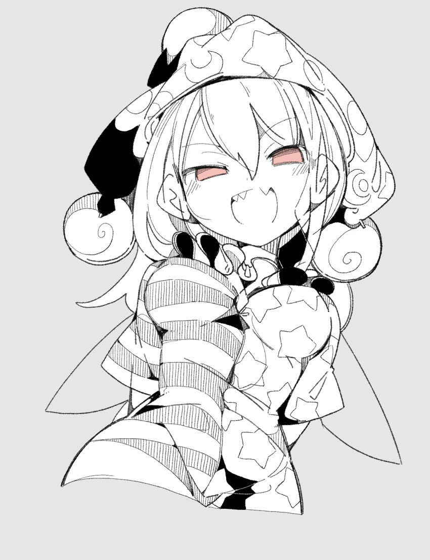 1girl, american_flag_dress, arms_behind_back, blush, clownpiece, crescent, cropped_torso, eyebrows_visible_through_hair, fairy_wings, grey_background, hat, highres, jester_cap, long_hair, looking_at_viewer, ma_sakasama, monochrome, neck_ruff, open_mouth, pink_eyes, sharp_teeth, short_sleeves, simple_background, smile, solo, spot_color, star, teeth, touhou, upper_body, wings