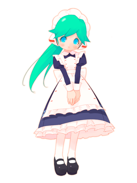 android, ape_escape, apron, blue_eyes, blush, charu_(ape_escape), charu_(saru_getchu), dress, frills, green_hair, long_hair, maid, maid_headdress, mary_janes, pantyhose, ponytail, robot_ears, saru_getchu, shoes, smile, solo, white_legwear, white_pantyhose