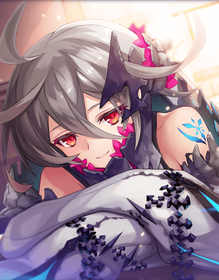 ahoge, bare_shoulders, bone_hair_ornament, crossed_arms, eyelashes, game_cg, glowing_tattoo, hair_between_eyes