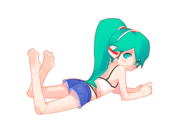 android, ape_escape, aqua_eyes, back, barefoot, blush, camisole, charu_(ape_escape), charu_(saru_getchu), cutoffs, denim, denim_shorts, doll_joints, feet, green_hair, legs_up, long_hair, looking_back, lying, on_stomach, ponytail, robot_ears, robot_joints, saru_getchu, shorts, solo, tank_top