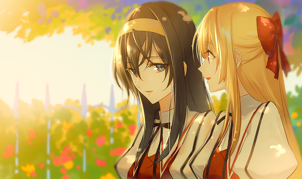 2girls, azmodan, black_hair, blonde_hair, blue_eyes, bow, eyelashes, fence