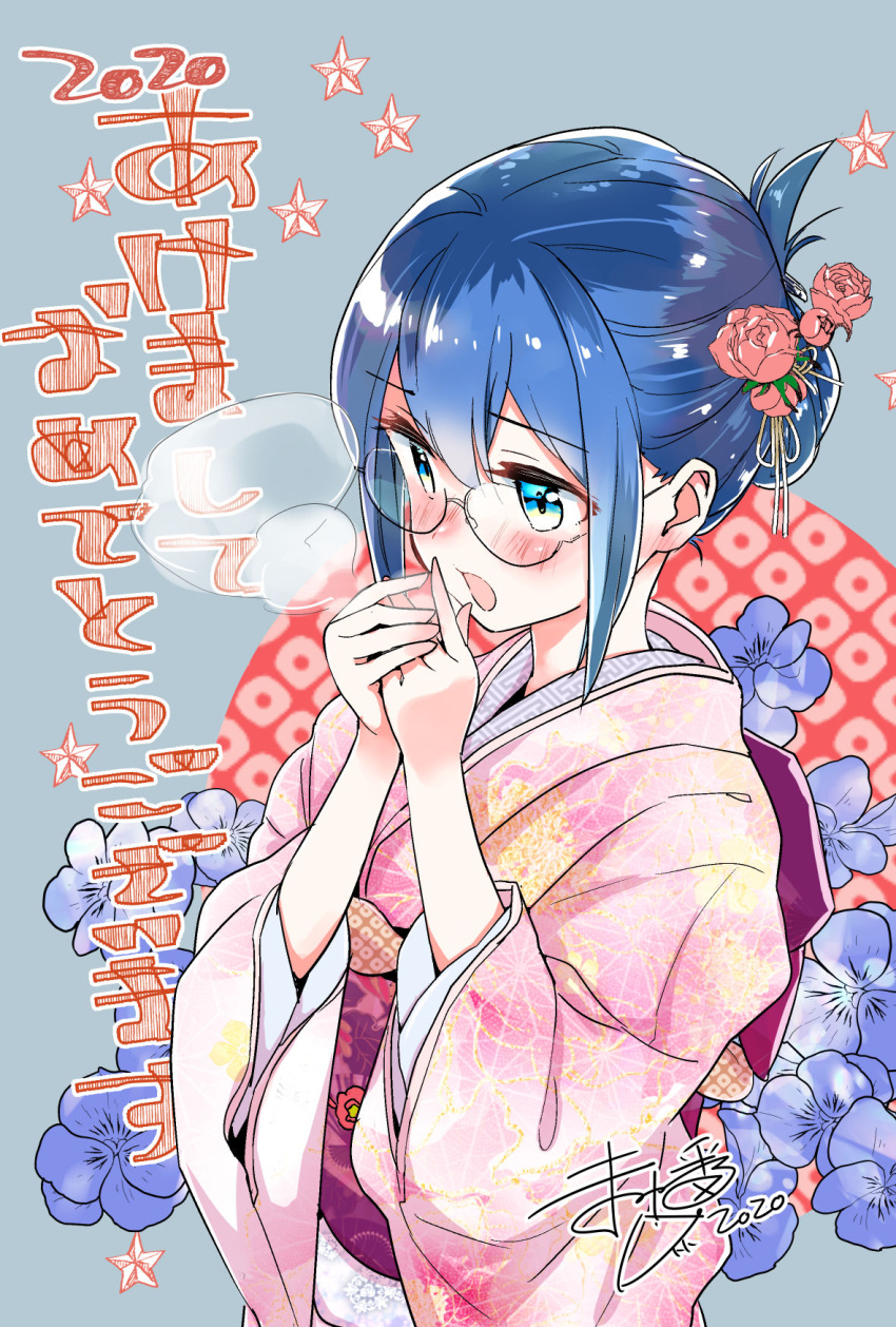 1girl, 2020, :o, blue_background, blue_flower, blue_hair, blush, breath