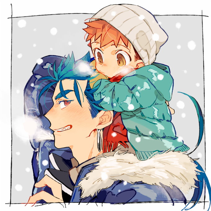 2boys, beanie, blue_hair, blue_jacket, breath, carrying, child, cu_chulainn_(fate)_(all)