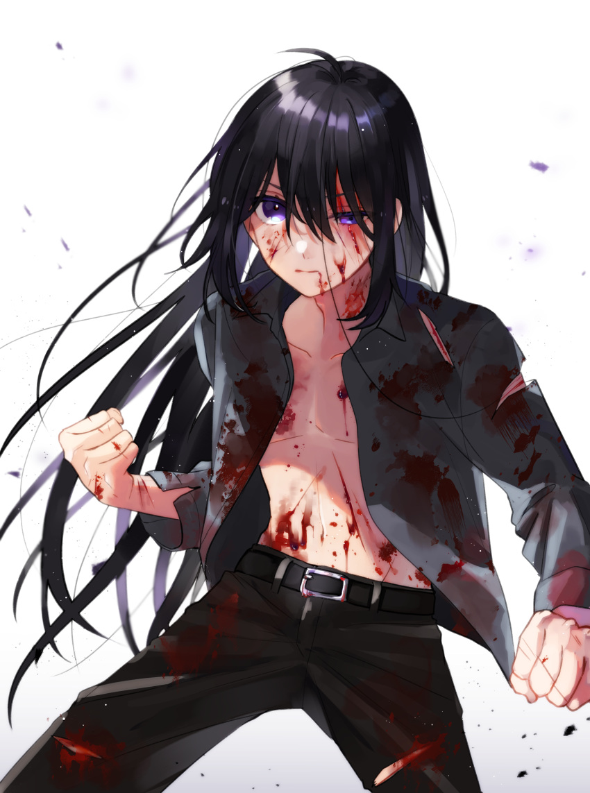 1boy, absurdres, ahoge, asuma_(hanezu), belt, black_hair, blood, blood_on_face