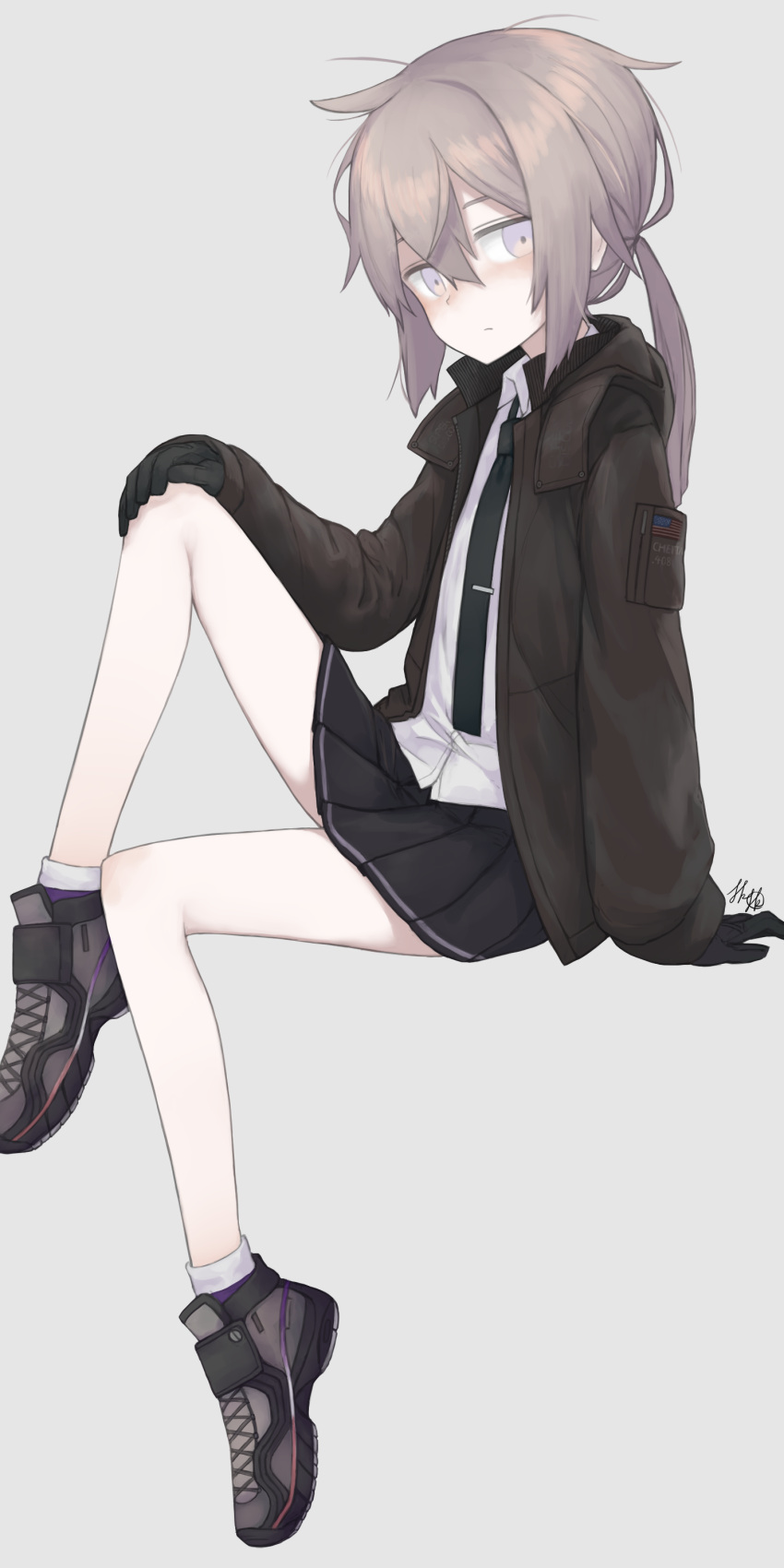 1girl, absurdres, bangs, black_gloves, black_neckwear, black_skirt, blush, brown_jacket, closed_mouth, girls_frontline, gloves, grey_background, grey_hair, hair_between_eyes, hand_on_own_knee, highres, jacket, long_hair, long_sleeves, m200_(girls_frontline), necktie, origumi, pleated_skirt, ponytail, shirt, shoes, signature, simple_background, sitting, skirt, sneakers, socks, solo, violet_eyes, white_shirt