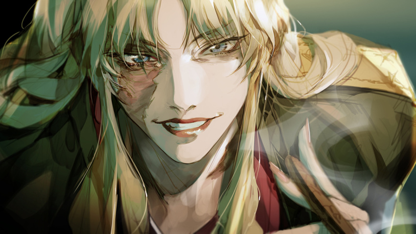 1girl, balalaika_(black_lagoon), bangs, black_lagoon, blonde_hair, blue_eyes, burn_scar, close-up