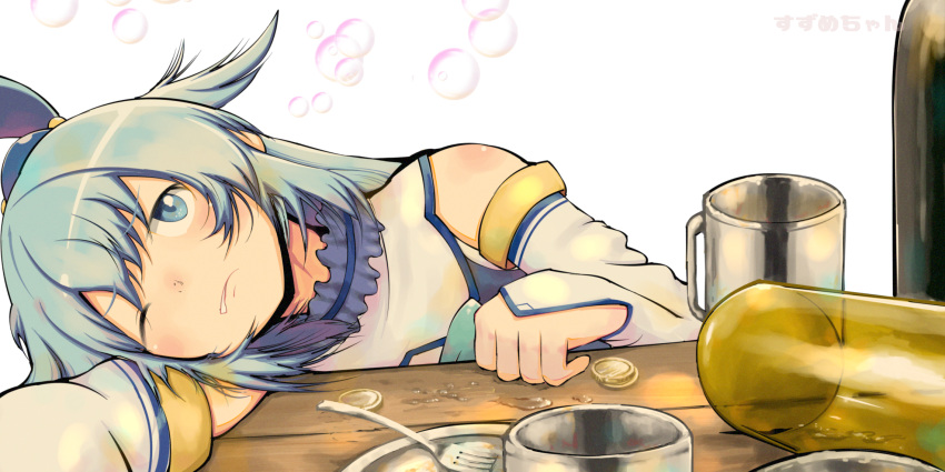 1girl, alcohol, amasuzume, aqua_(konosuba), aqua_eyes, aqua_hair, artist_name, bubble