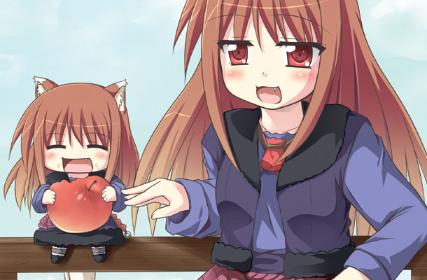 apple, apples, brown_hair, chibi, dual_persona, fang, food, fruit