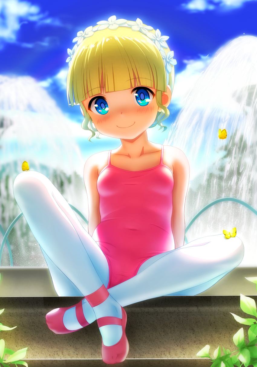 1girl, ballet_slippers, blonde_hair, blue_eyes, blush, breasts, cedar_(artist), clouds