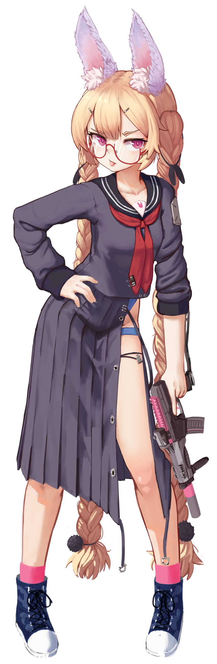 1girl, :p, absurdres, animal_ears, bangs, blonde_hair, braid, full_body