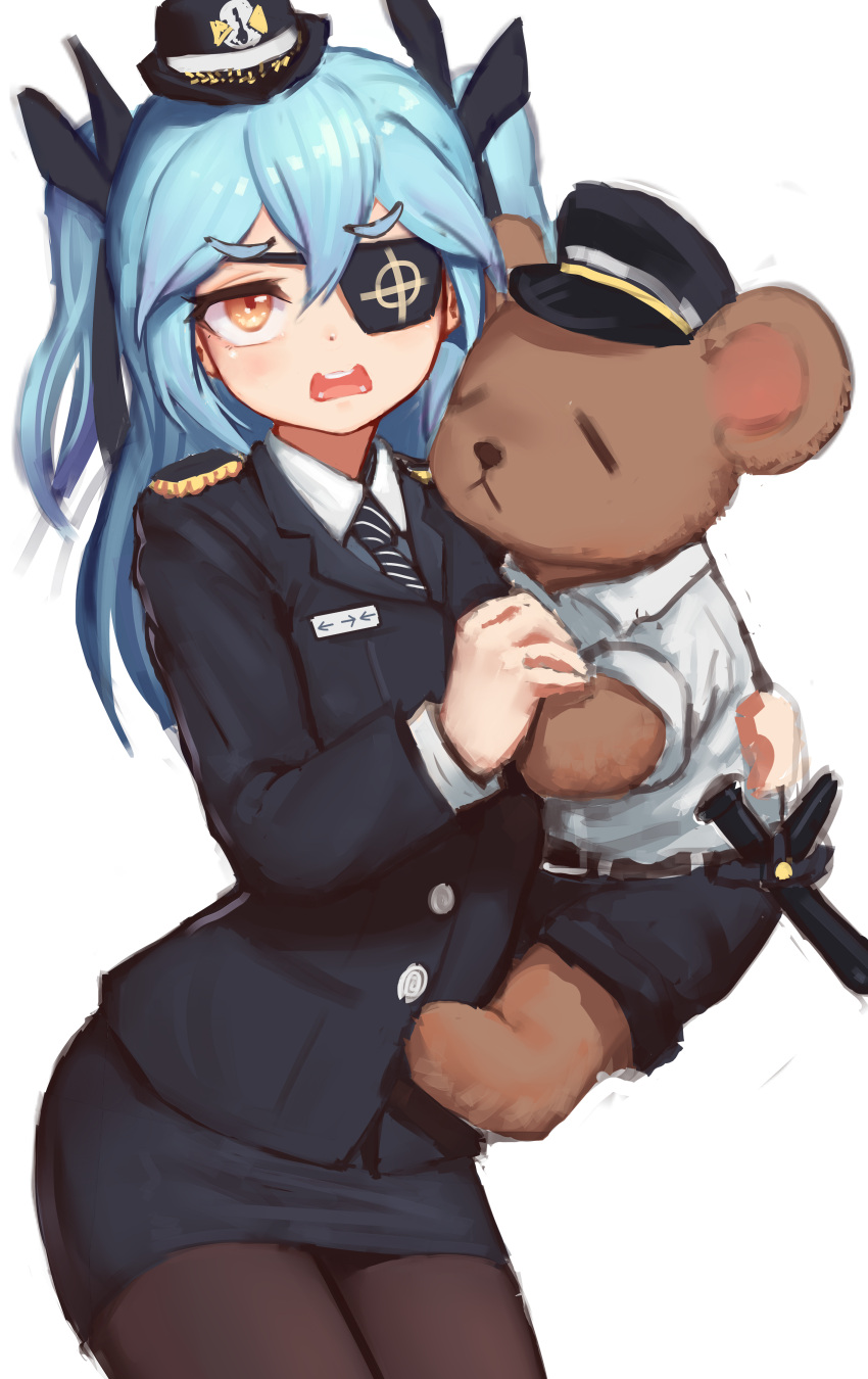 1girl, absurdres, black_eyepatch, black_legwear, blue_hair, blush, collared_shirt, epaulettes
