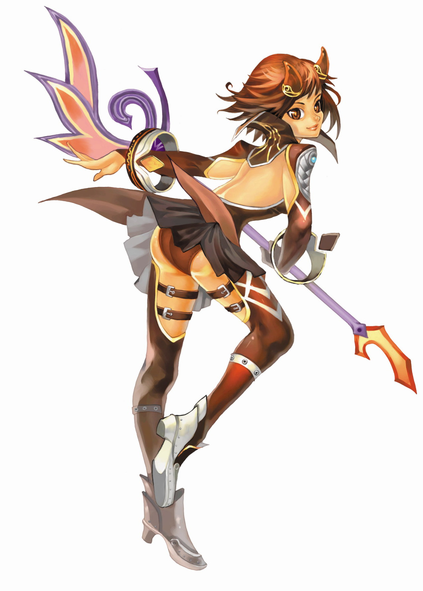 boots, brown_eyes, brown_hair, flyff, highres, horns, short_hair, staff