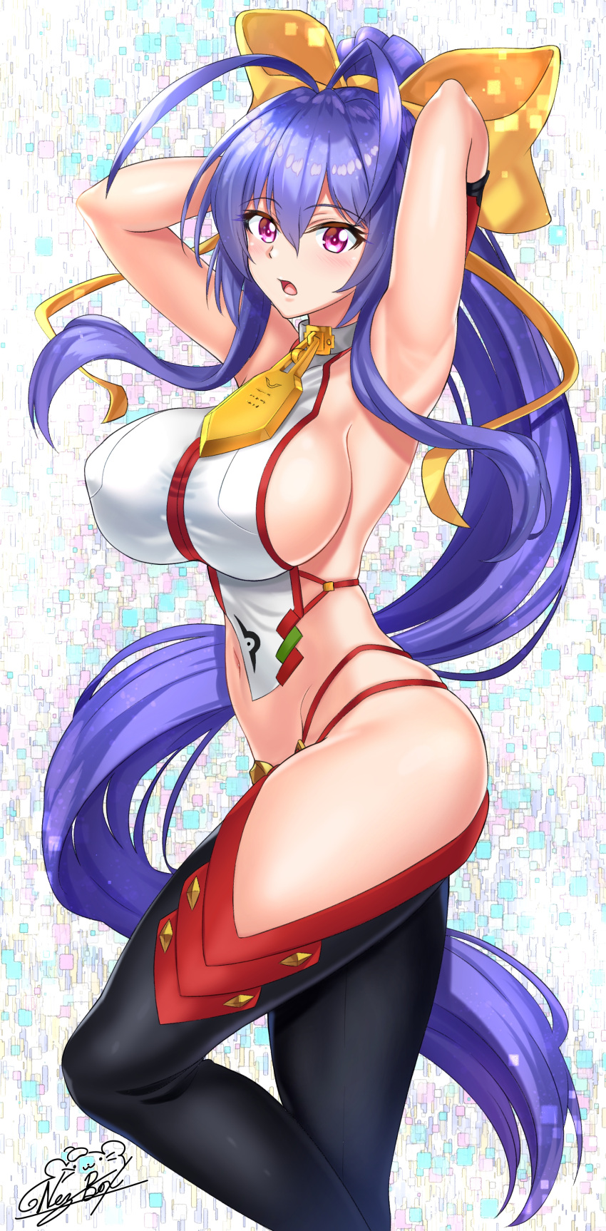 1girl, absurdres, antenna_hair, armpits, arms_up, backless_outfit, black_pants, blazblue