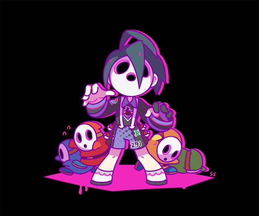 1boy, allister_(pokemon), black_background, black_hair, facing_viewer, fallen_down, flying_sweatdrops, gym_leader