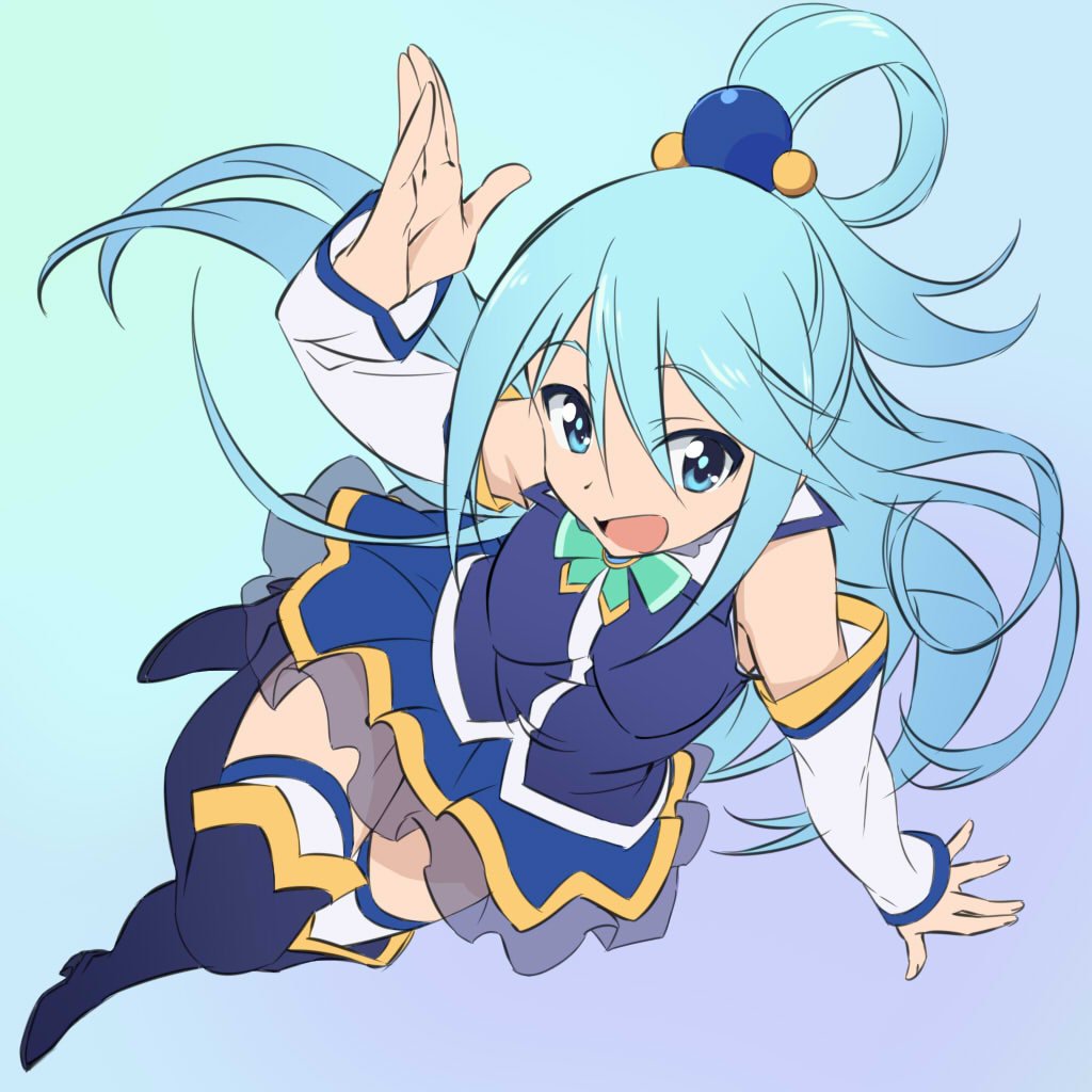 1girl, aqua_(konosuba), blue_eyes, blue_footwear, blue_hair, blue_panties, boots, breasts