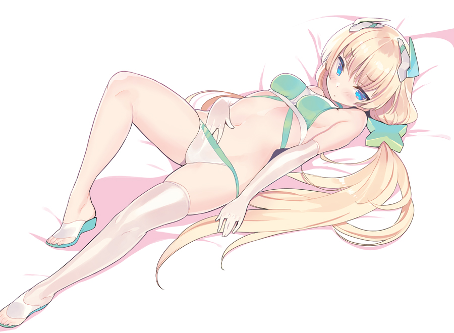 1girl, angela_balzac, bangs, bare_shoulders, bed_sheet, bikini, blade_(galaxist), blonde_hair