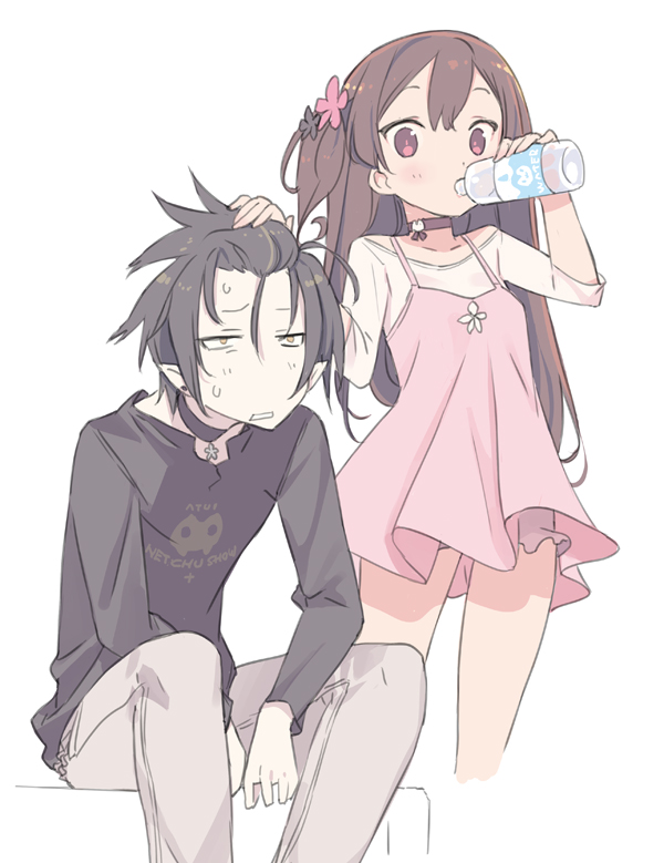 1boy, 1girl, black_hair, blade_(galaxist), brown_hair, choker, commentary, commentary_request