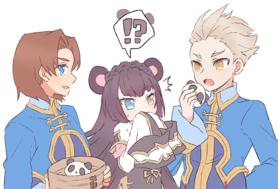 !?, 1girl, 2boys, alvin_granford, animal_ears, basket, black_hair, blue_eyes