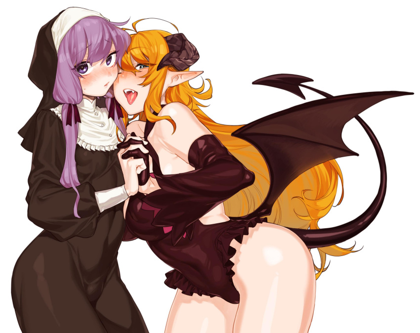 2girls, ahoge, armpit_crease, bare_shoulders, blush, covered_navel, covered_nipples, demon_girl, demon_tail, demon_wings, fangs, frilled_leotard, frills, gloves, green_eyes, hair_between_eyes, half_gloves, highres, holding_hands, horns, isma, leotard, long_hair, low_wings, multiple_girls, necktie, nun, one_eye_closed, orange_hair, original, parted_lips, pointy_ears, purple_gloves, purple_hair, purple_leotard, succubus, sweat, tail, teeth, tongue, tongue_out, violet_eyes, w_nijuuyon, white_background, wings