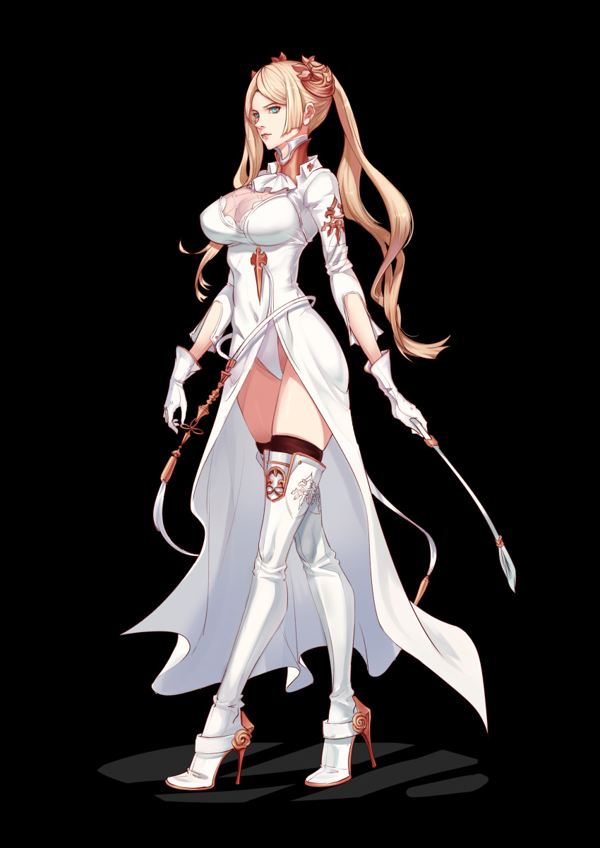 1girl, absurdres, black_legwear, blonde_hair, blue_eyes, boots, breasts, closed_mouth