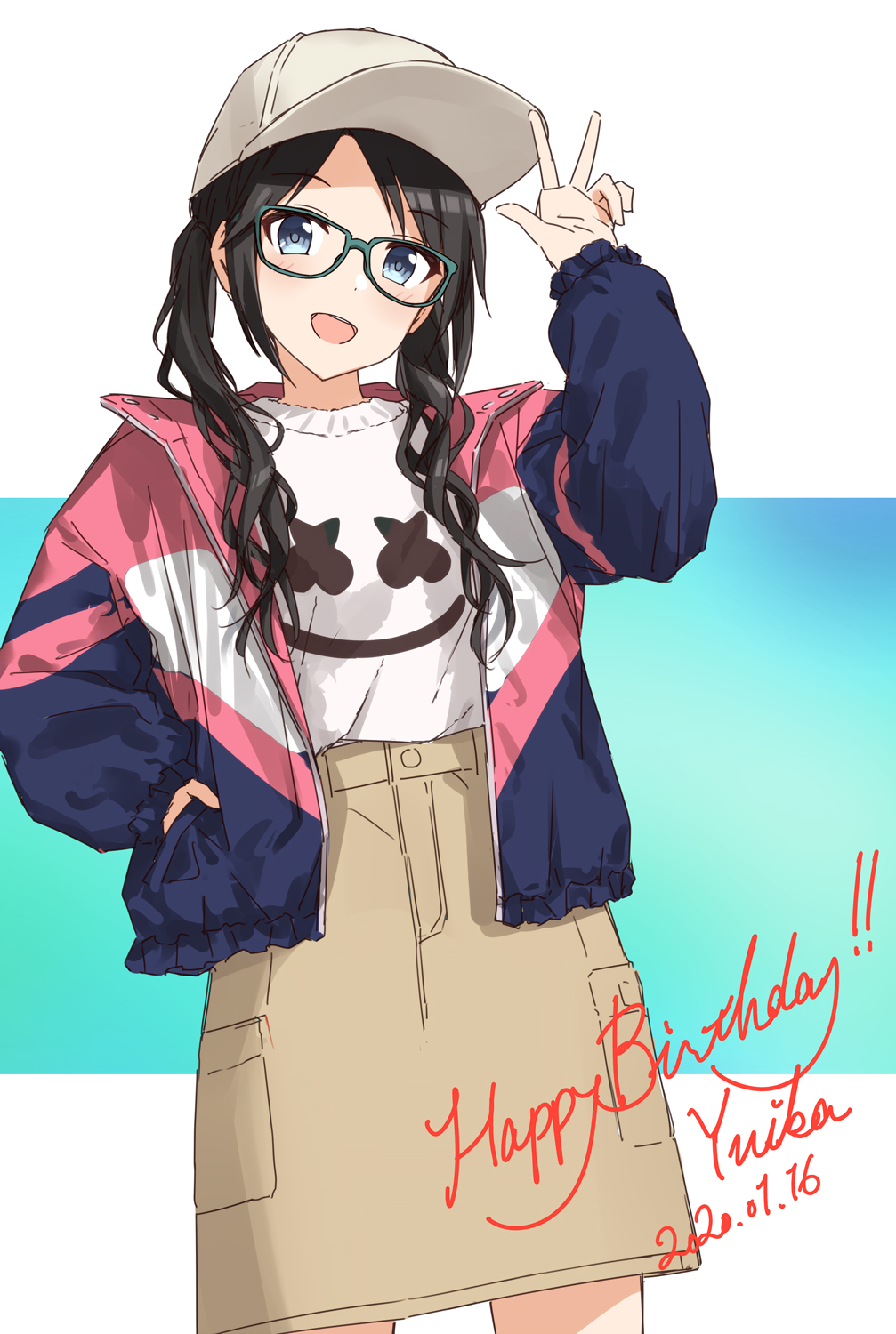1girl, 2020, baseball_cap, birthday, black_hair, blouse, blue_eyes, blush