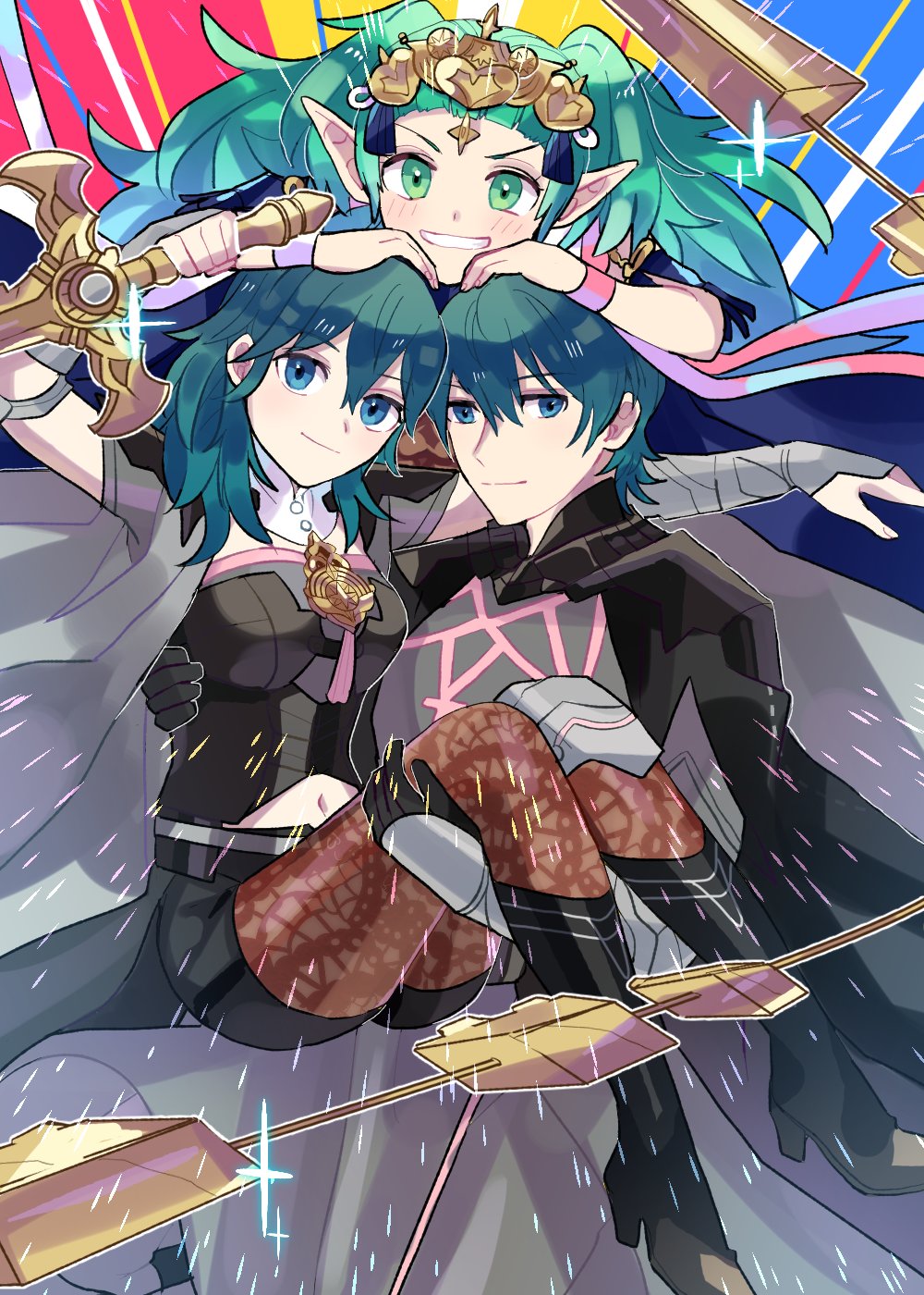 1boy, 2girls, ararecoa, blue_eyes, blue_hair, boots, byleth_(fire_emblem), byleth_eisner_(female), byleth_eisner_(male), carrying, fire_emblem, fire_emblem:_three_houses, green_eyes, green_hair, grin, highres, multiple_girls, navel, navel_cutout, pantyhose, pointy_ears, princess_carry, smile, sothis_(fire_emblem), sword, weapon, whip_sword