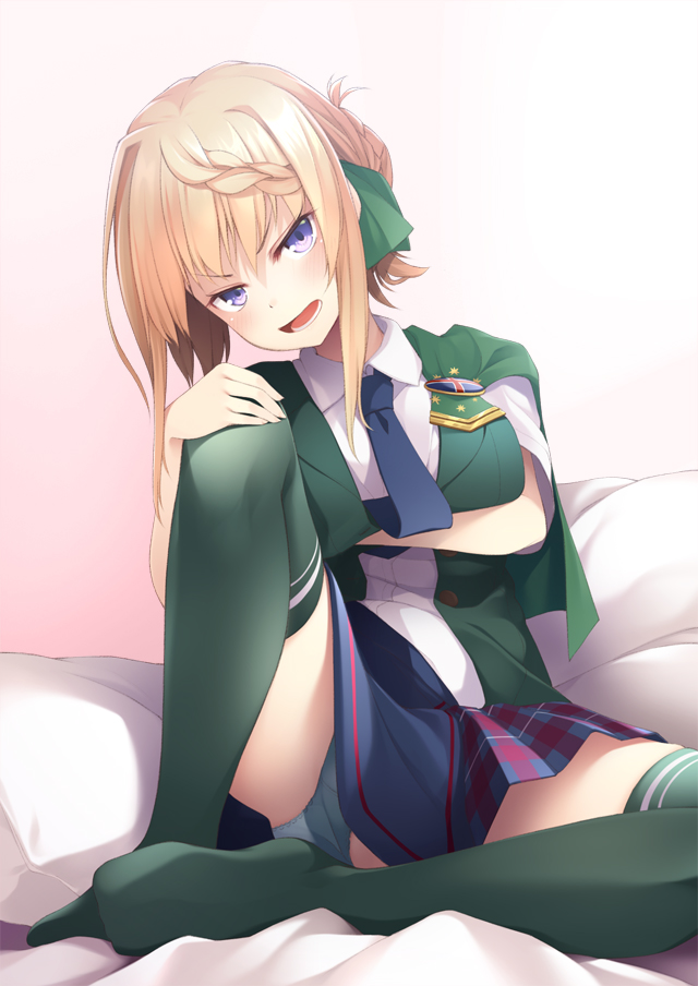 1girl, bangs, blonde_hair, blue_neckwear, blue_panties, blush, braid, braided_bun