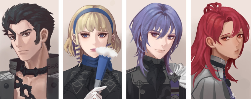 2boys, 2girls, abs, balthus_(fire_emblem), black_hair, blonde_hair, cape, chain, closed_mouth, collage, constance_(fire_emblem), dark_skin, earrings, epaulettes, fan, fire_emblem, fire_emblem:_three_houses, garreg_mach_monastery_uniform, hairband, hapi_(fire_emblem), highres, jewelry, long_hair, looking_at_viewer, medium_hair, midriff, multicolored_hair, multiple_boys, multiple_girls, muntjac_art, open_clothes, open_mouth, open_shirt, ornament, purple_hair, red_eyes, redhead, short_hair, sideburns, simple_background, smile, two-tone_hair, uniform, upper_body, violet_eyes, white_background, yuri_(fire_emblem)