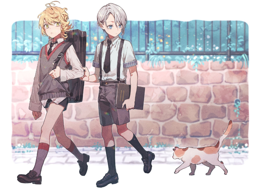 2boys, black_legwear, blonde_hair, blue_eyes, cat, child, collared_shirt, fence