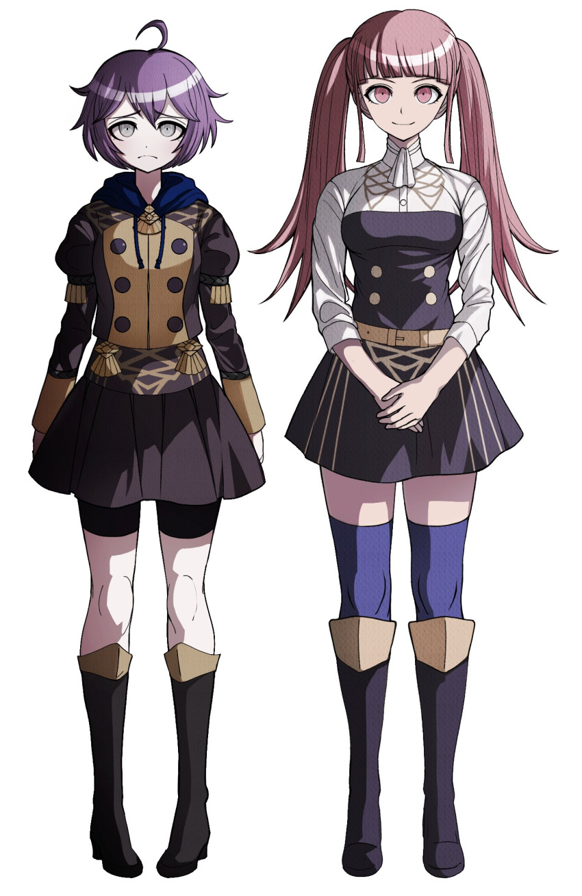 2girls, ahoge, belt, bernadetta_von_varley, bike_shorts, blue_legwear, boots, closed_mouth