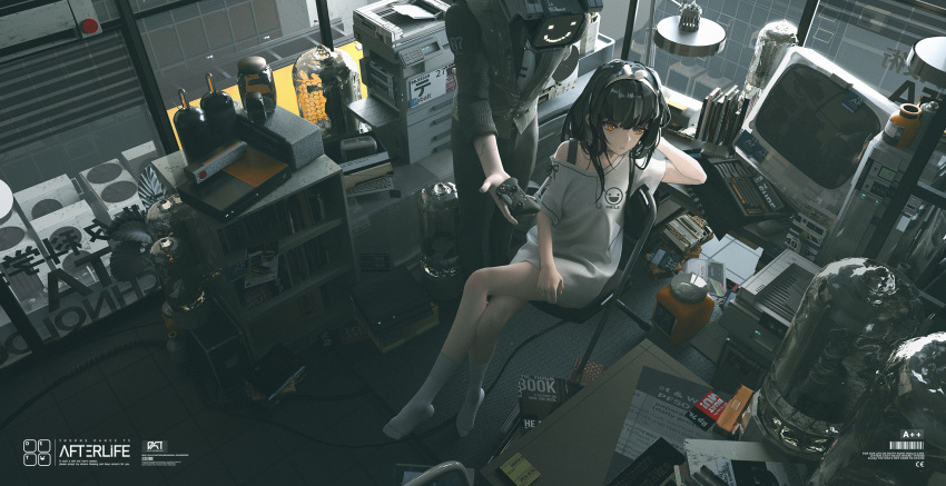 1girl, 1other, android, bangs, black_hair, book, bookshelf, brown_eyes