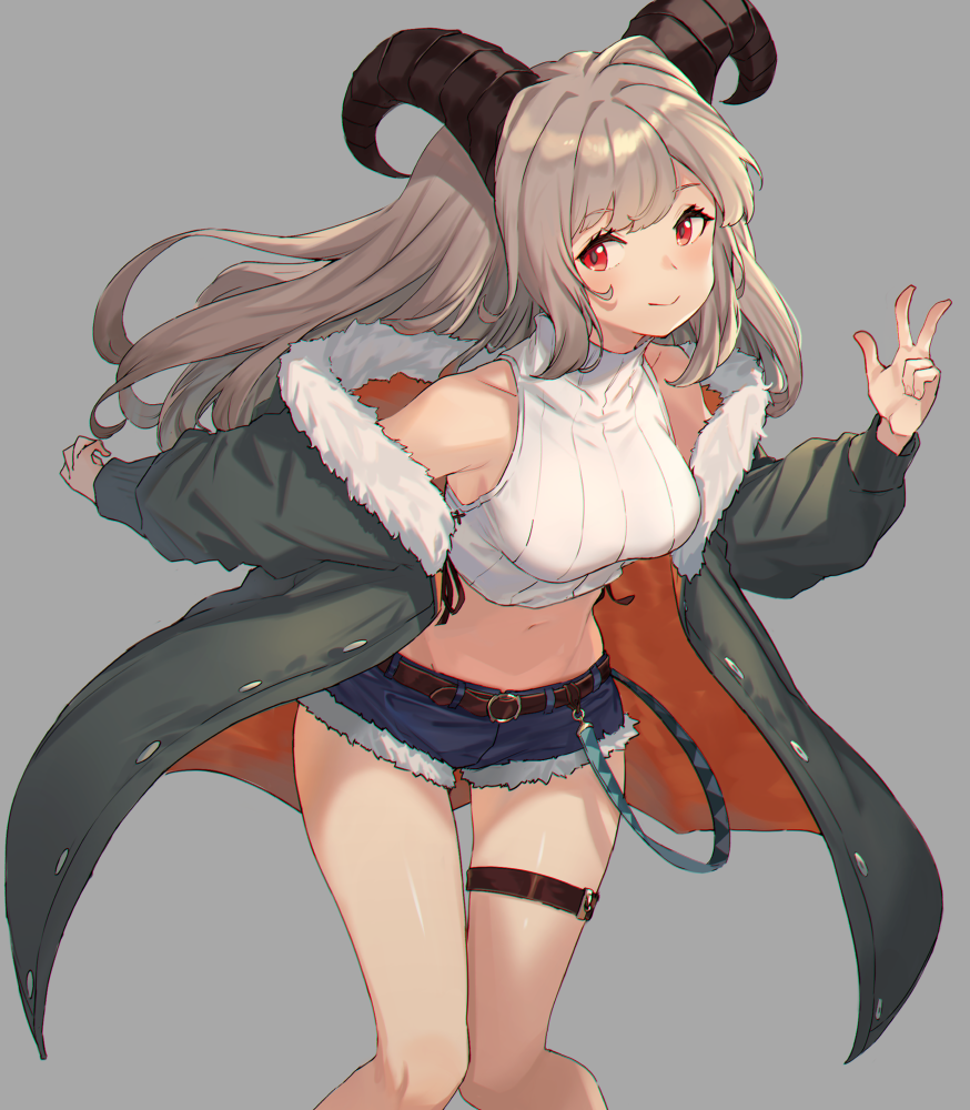 1girl, bangs, bare_shoulders, blue_shorts, blush, breasts, brown_hair, closed_mouth