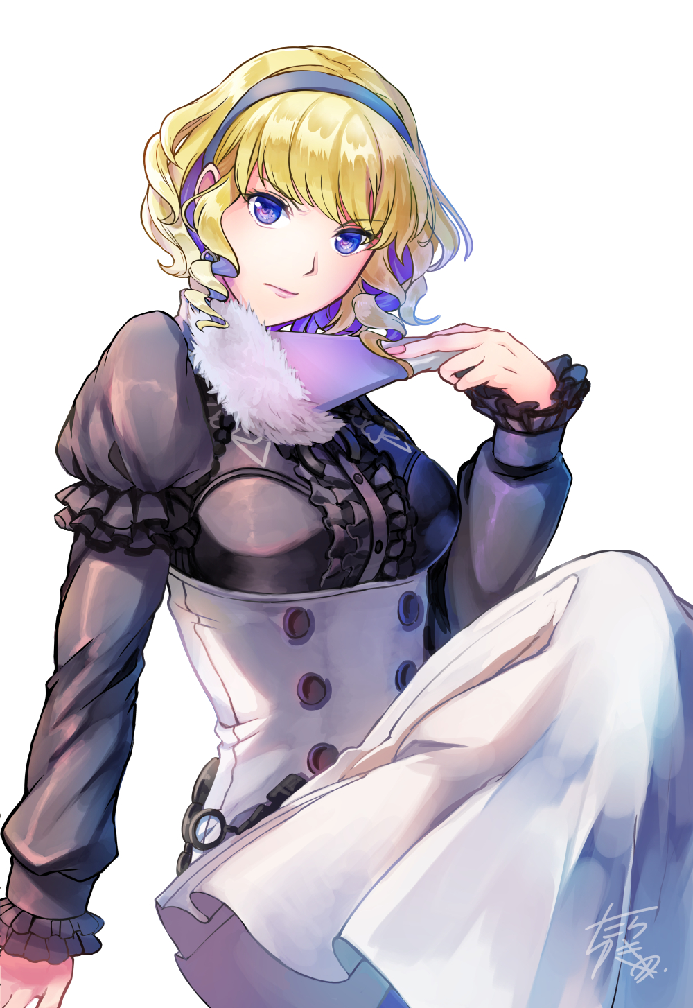 1girl, artist_name, blonde_hair, constance_(fire_emblem), drill_hair, fan, fire_emblem, fire_emblem:_three_houses, fur_trim, hairband, highres, multicolored_hair, purple_hair, sitting, solo, two-tone_hair, violet_eyes, white_background, yukimiyuki