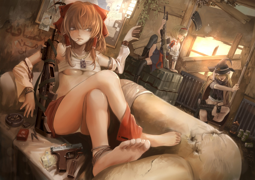 3girls, adapted_costume, alcohol, alice_margatroid, ammunition, anklet, assault_rifle, barefoot, beer_can, black_legwear, blonde_hair, blue_dress, boots, bow, bracelet, breasts, brown_eyes, brown_hair, can, capelet, cigarette, commentary_request, couch, cross-laced_footwear, dog_tags, dress, feet, glock, gun, hair_bow, hair_tubes, hairband, hakurei_reimu, handgun, hat, heineken, imi_galil, jack_daniel's, jewelry, kirisame_marisa, koh_(minagi_kou), lolita_hairband, magazine_(weapon), mecha_request, medium_breasts, miniskirt, money, multiple_girls, necklace, osama_bin_laden, over-kneehighs, panties, remington_arms, remington_rsass, revision, rifle, sarashi, sash, shirt, sitting, skirt, skirt_set, smoking, sniper_rifle, soles, thigh-highs, toes, touhou, under_boob, underwear, watch, watch, weapon, whiskey, white_panties, window, witch_hat, zettai_ryouiki