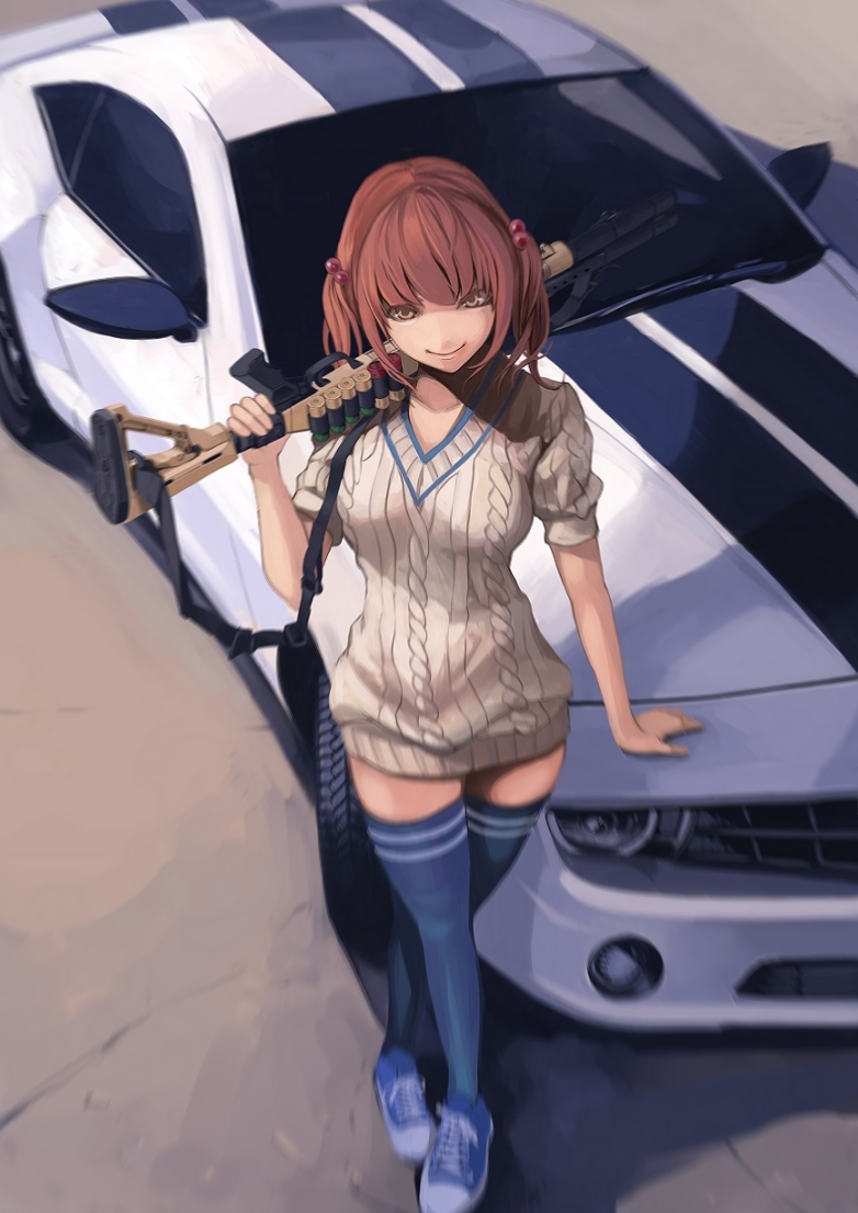 1girl, aran_sweater, car, chevrolet, chevrolet_camaro, commentary_request, crossed_legs, dress, ground_vehicle, gun, hair_bobbles, hair_ornament, koh_(minagi_kou), looking_at_viewer, mossberg_500, motor_vehicle, muscle_car, navy_blue_legwear, orange_eyes, original, over_shoulder, redhead, revision, shoes, short_hair, shotgun, shotgun_shells, sling, smile, sneakers, solo, sweater, sweater_dress, thigh-highs, weapon, weapon_over_shoulder
