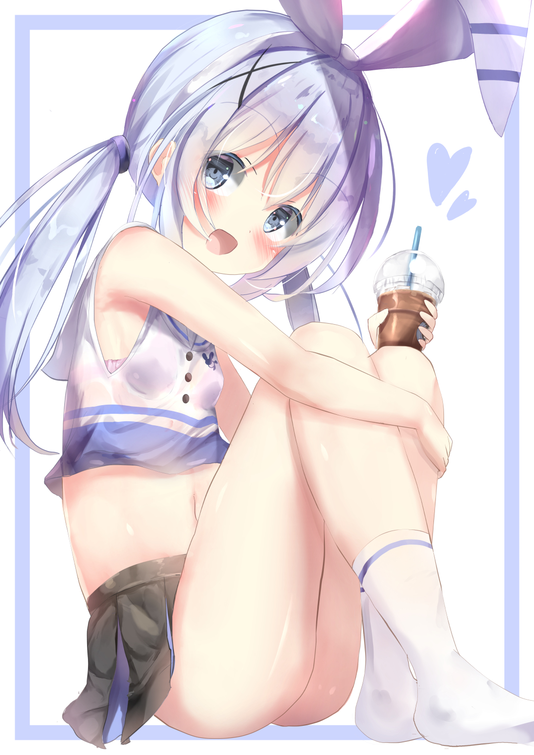1girl, :d, ass, bangs, bare_arms, bare_shoulders, black_skirt, blue_background, blue_eyes, blue_hair, blush, cheerleader, commentary_request, crop_top, cup, disposable_cup, drinking_straw, eyebrows_visible_through_hair, gochuumon_wa_usagi_desu_ka?, hair_between_eyes, hair_ornament, hair_ribbon, hairband, heart, highres, holding, holding_cup, kafuu_chino, long_hair, midriff, na!?_(naxtuyasai), navel, no_shoes, open_mouth, pleated_skirt, ribbon, shirt, sidelocks, sitting, skirt, sleeveless, sleeveless_shirt, smile, socks, solo, twintails, two-tone_background, white_background, white_hairband, white_legwear, white_ribbon, white_shirt, x_hair_ornament