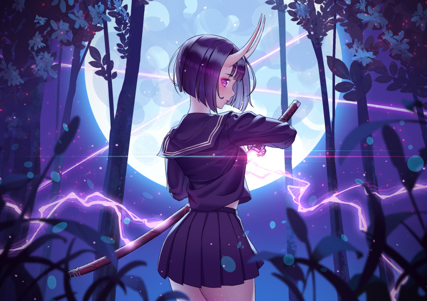 1girl, black_hair, black_shirt, black_skirt, commentary_request, electricity, fate/grand_order, fate_(series)