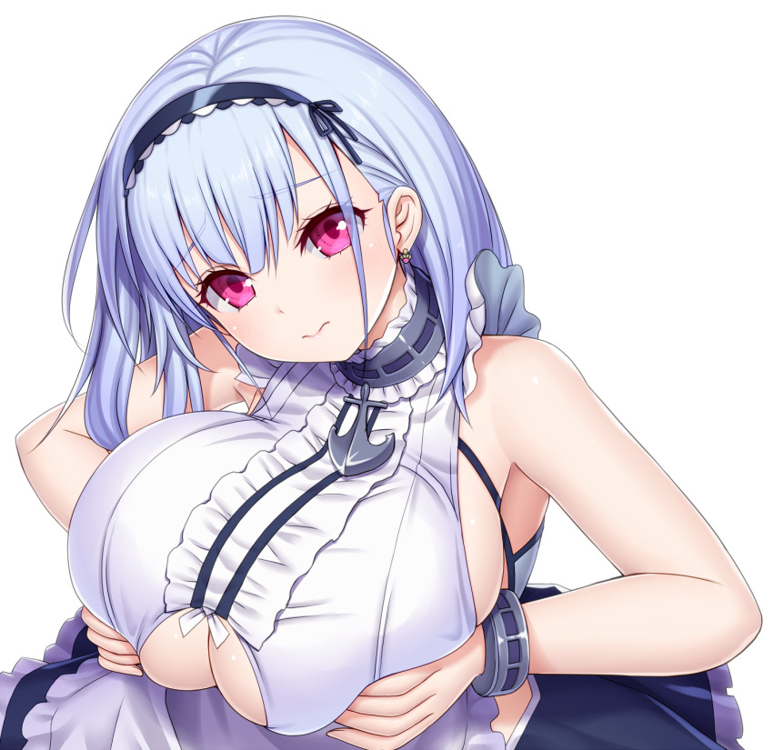 1girl, 3:, anchor_choker, apron, asamura_hiori, azur_lane, bangs, bare_shoulders, blush, bracelet, breast_squeeze, breasts, center_frills, choker, commentary_request, dido_(azur_lane), dress, earrings, eyebrows_visible_through_hair, frilled_apron, frilled_choker, frills, head_tilt, highres, huge_breasts, jewelry, lace-trimmed_hairband, long_hair, maid, maid_apron, silver_hair, simple_background, sleeveless, sleeveless_dress, solo, under_boob, underboob_cutout, upper_body, violet_eyes, waist_apron, white_apron, white_background